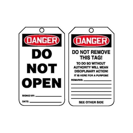 Accuform Safety Tags, DANGER DO NOT OPEN, 5.75in x 3.25in, Self-Laminating RP-Plastic, 25PK MDT129LPP